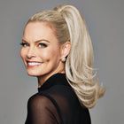 Woman wearing a 16in Straight Claw Clip Pony in Swedish Blonde