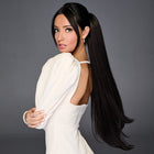 Woman wearing a 27in Straight Cinched Pony in Black - Left side profile view