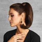 Woman wearing 12in Simply Straight Pony Hairpiece in Chocolate Copper - Left side profile view