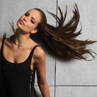 Woman wearing a 16in Human Hair Wrap-around Pony in Chestnut