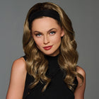 Woman wearing Soft Curls Headband Wig in Rooted Cappuccino - View from the front