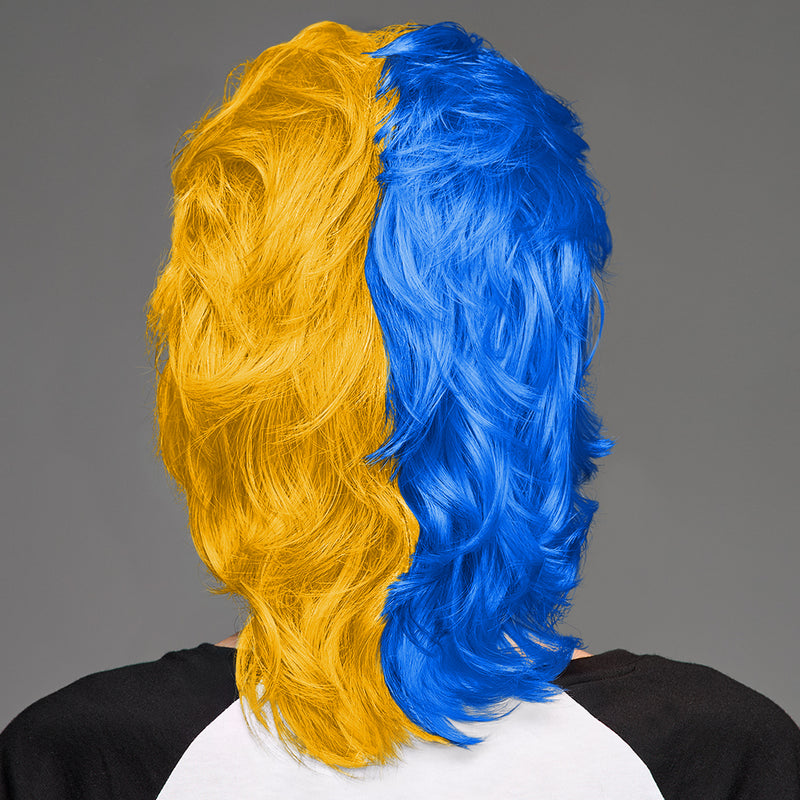 SPIRIT WEAR MVP MULLET WIG IN COLOR BLUE 2386 & YELLOW 130