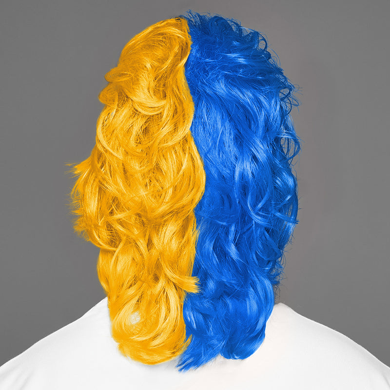 SPIRIT WEAR MVP MULLET WIG IN COLOR BLUE 2386 & YELLOW 130