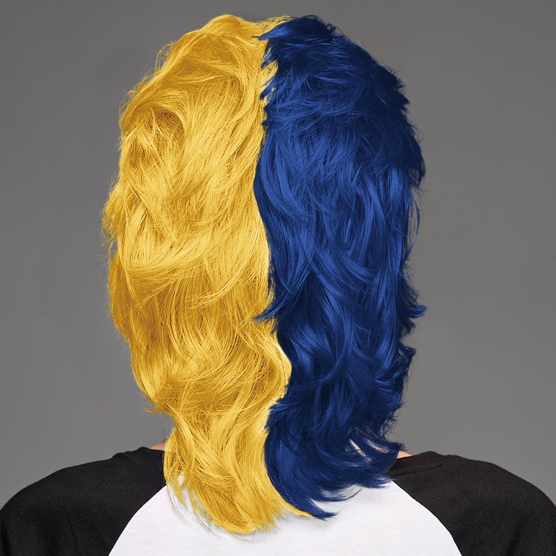 SPIRIT WEAR MVP MULLET WIG IN COLOR BLUE 282 & MAIZE 7406