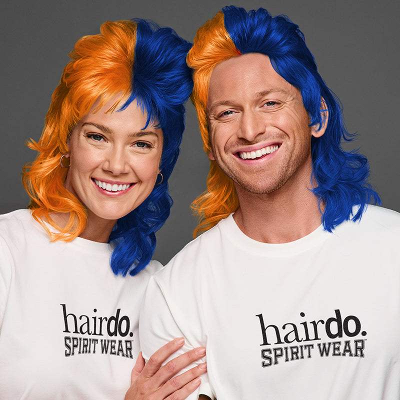 SPIRIT WEAR MVP MULLET WIG IN COLOR ORANGE 158 & BLUE 281