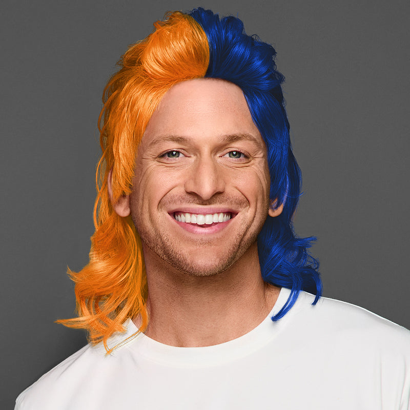 SPIRIT WEAR MVP MULLET WIG IN COLOR ORANGE 158 & BLUE 281