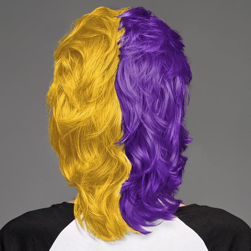 SPIRIT WEAR MVP MULLET WIG IN COLOR PURPLE 268 & GOLD 123
