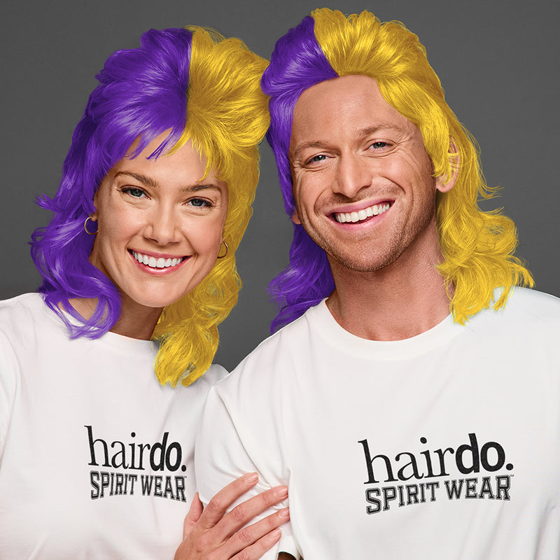 SPIRIT WEAR MVP MULLET WIG IN COLOR PURPLE 268 & GOLD 123