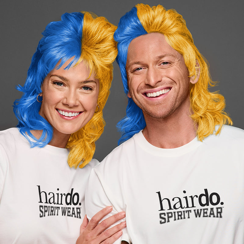 SPIRIT WEAR MVP MULLET WIG IN COLOR BLUE 2386 & YELLOW 130