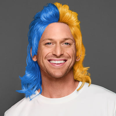 SPIRIT WEAR MVP MULLET WIG IN COLOR BLUE 2386 & YELLOW 130
