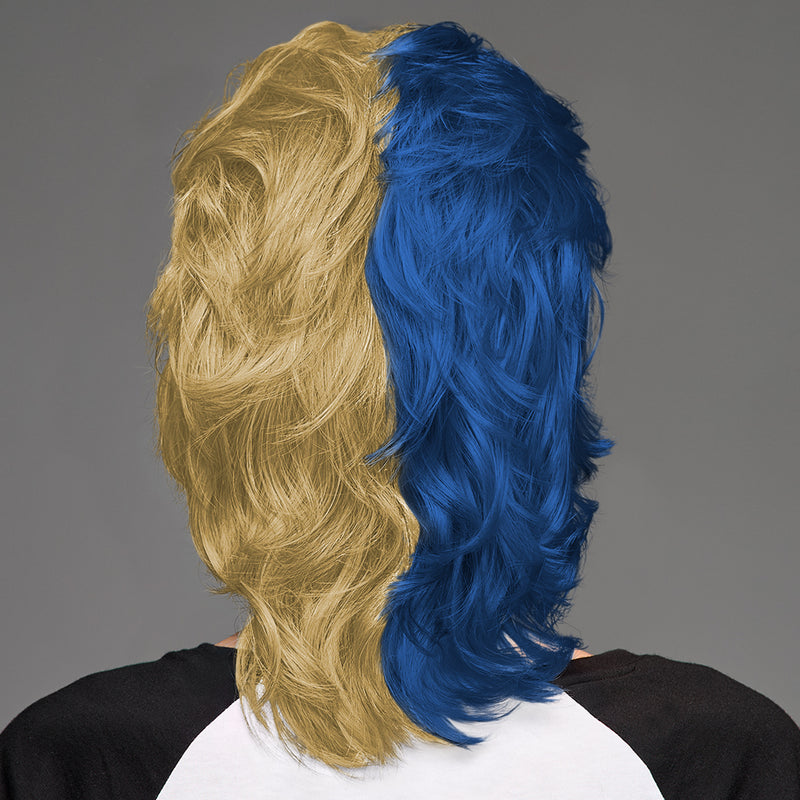 SPIRIT WEAR MVP MULLET WIG IN COLOR BLUE 540 & GOLD 4515
