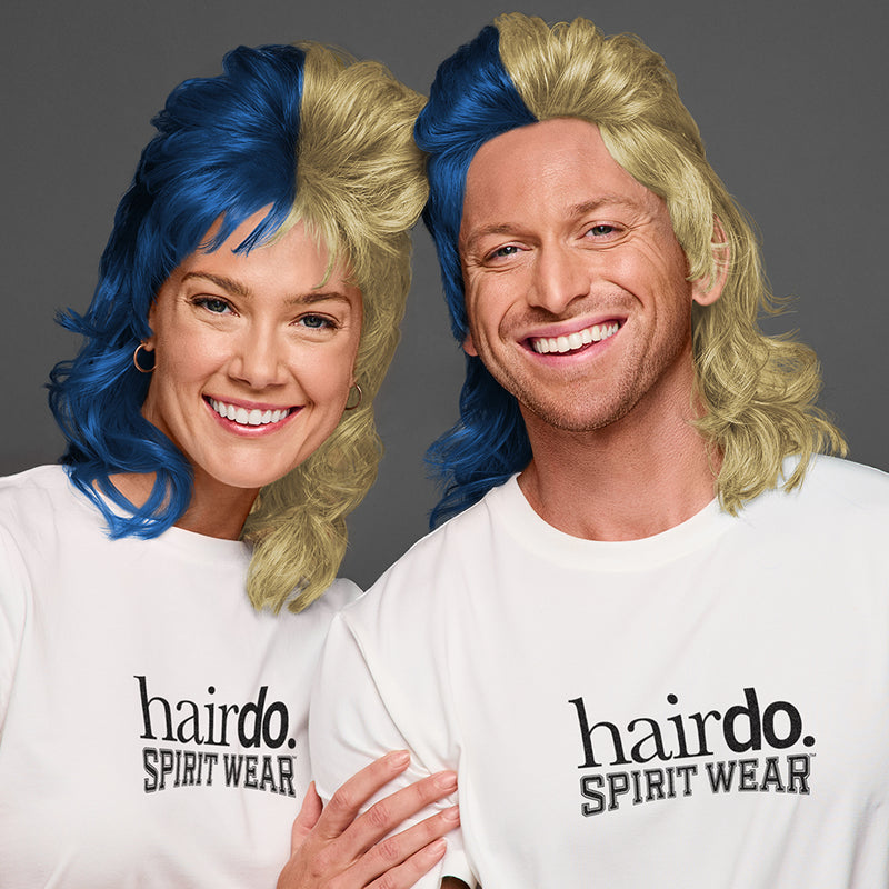 SPIRIT WEAR MVP MULLET WIG IN COLOR BLUE 540 & GOLD 4515