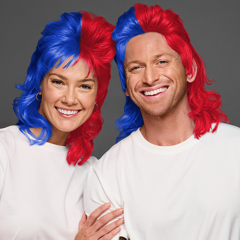 SPIRIT WEAR MVP MULLET WIG IN COLOR BLUE 286 & RED 186
