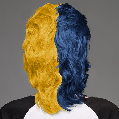SPIRIT WEAR MVP MULLET WIG IN COLOR BLUE 289 & GOLD 117