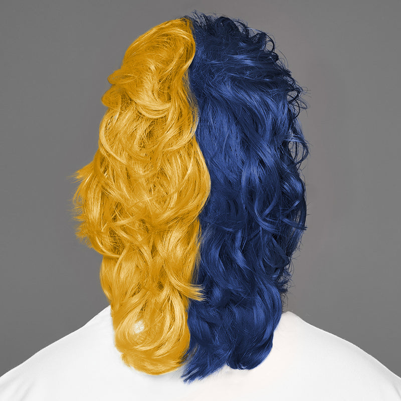 SPIRIT WEAR MVP MULLET WIG IN COLOR BLUE 295 & GOLD 124