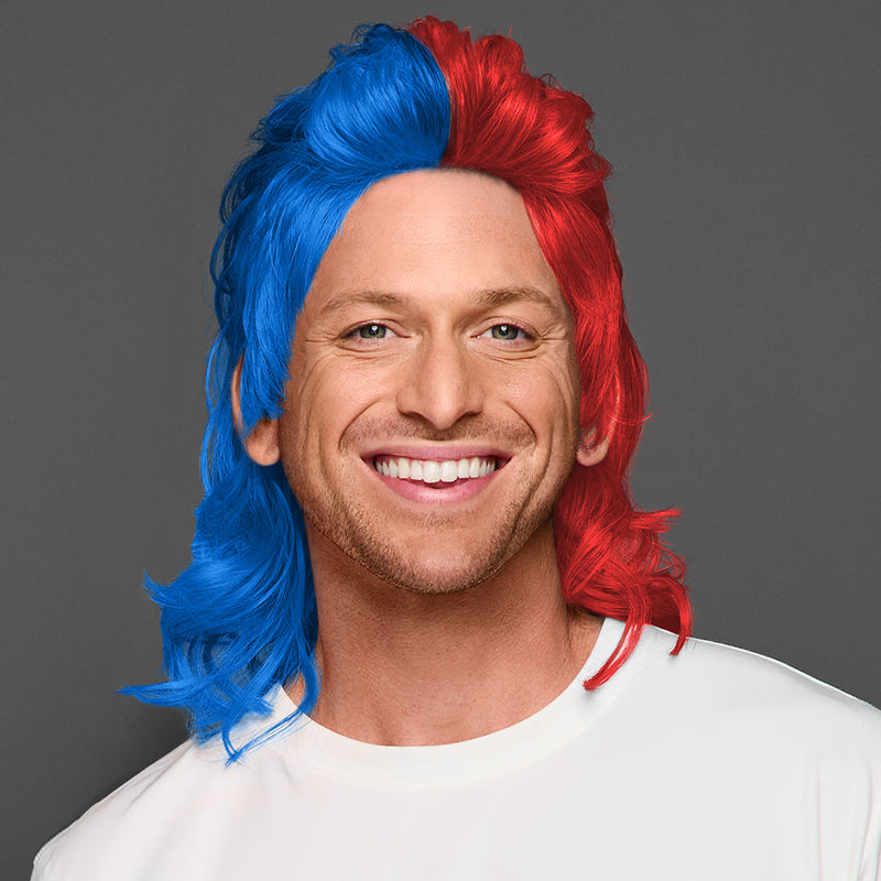 SPIRIT WEAR MVP MULLET WIG IN COLOR BLUE 300 & RED 185