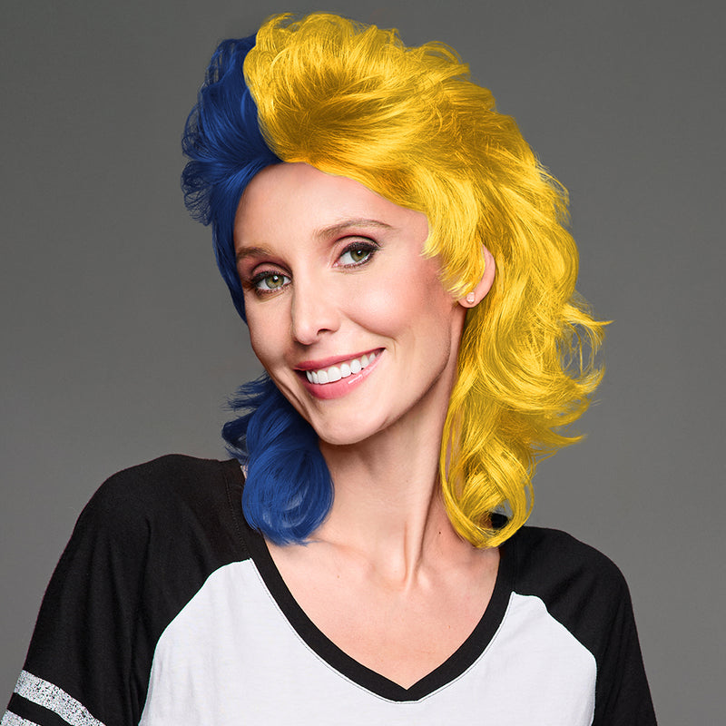 SPIRIT WEAR MVP MULLET WIG IN COLOR BLUE 282 & MAIZE 7406