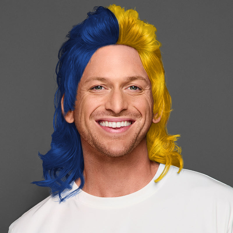 SPIRIT WEAR MVP MULLET WIG IN COLOR BLUE 282 & MAIZE 7406