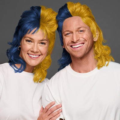 SPIRIT WEAR MVP MULLET WIG IN COLOR BLUE 289 & GOLD 117
