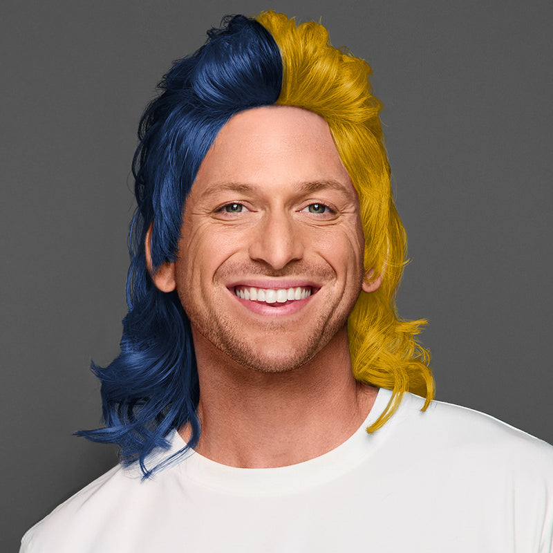 SPIRIT WEAR MVP MULLET WIG IN COLOR BLUE 289 & GOLD 117