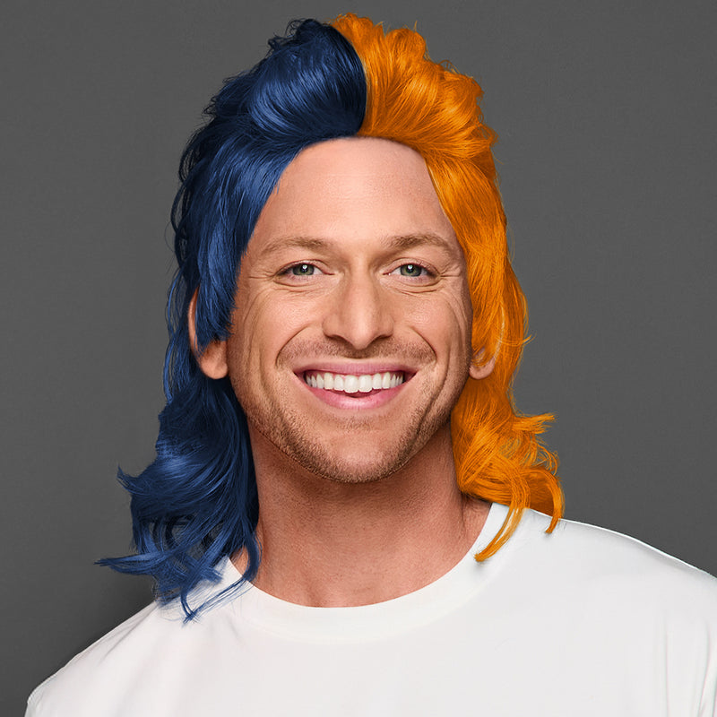 SPIRIT WEAR MVP MULLET WIG IN COLOR BLUE 289 & ORANGE 158