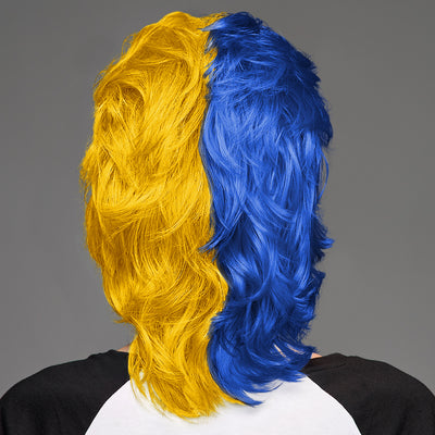 SPIRIT WEAR MVP MULLET WIG IN COLOR BLUE 661 & GOLD 1235