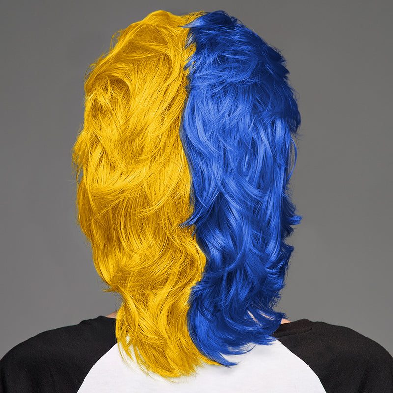 SPIRIT WEAR MVP MULLET WIG IN COLOR BLUE 661 & GOLD 1235