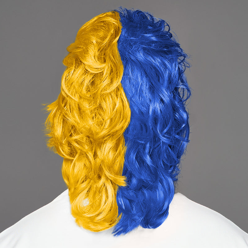 SPIRIT WEAR MVP MULLET WIG IN COLOR BLUE 661 & GOLD 1235