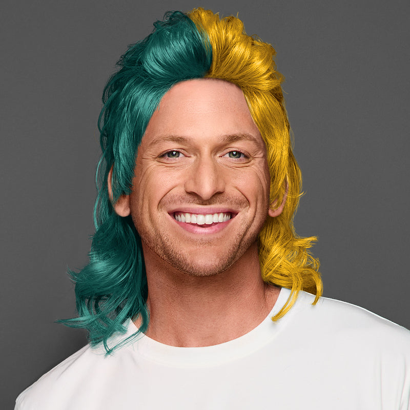 SPIRIT WEAR MVP MULLET WIG IN COLOR GREEN 330 & GOLD 123