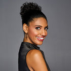 Woman wearing a Coily Wrap in Midnight Brown - Right side profile view