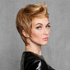Woman wearing a Feather Cut Wig in Glazed Strawberry - Right side profile view