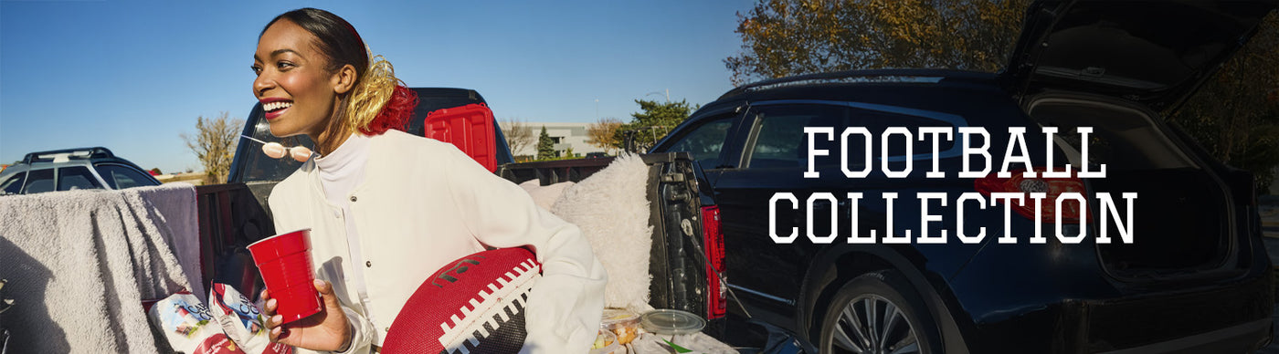Woman tailgating with the text "Football Collection"