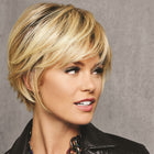 Woman wearing Textured Fringe Bob Wig in Rooted Golden Wheat - Right side profile view