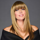 Woman wearing Top It Off With Bangs Topper in Golden Wheat - View from the front