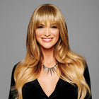 Woman wearing Trendy Fringe Bang Wig in Buttered Toast while smiling - View from the front
